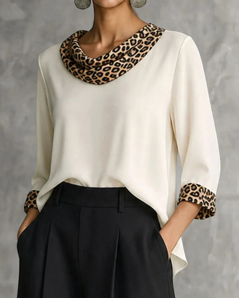 Blouse Léopard Panneau Col Drapé Manche Coude