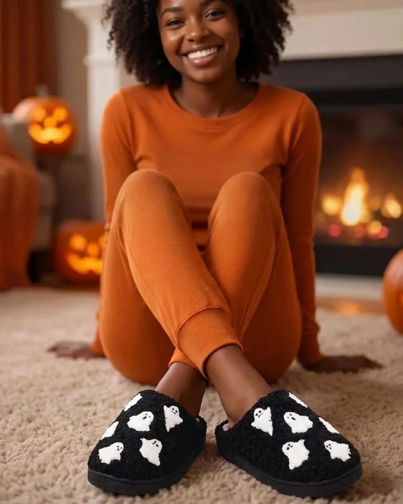 Chaussons En Peluche Pour Femmes à Motif Fantôme Cartoon Mignon