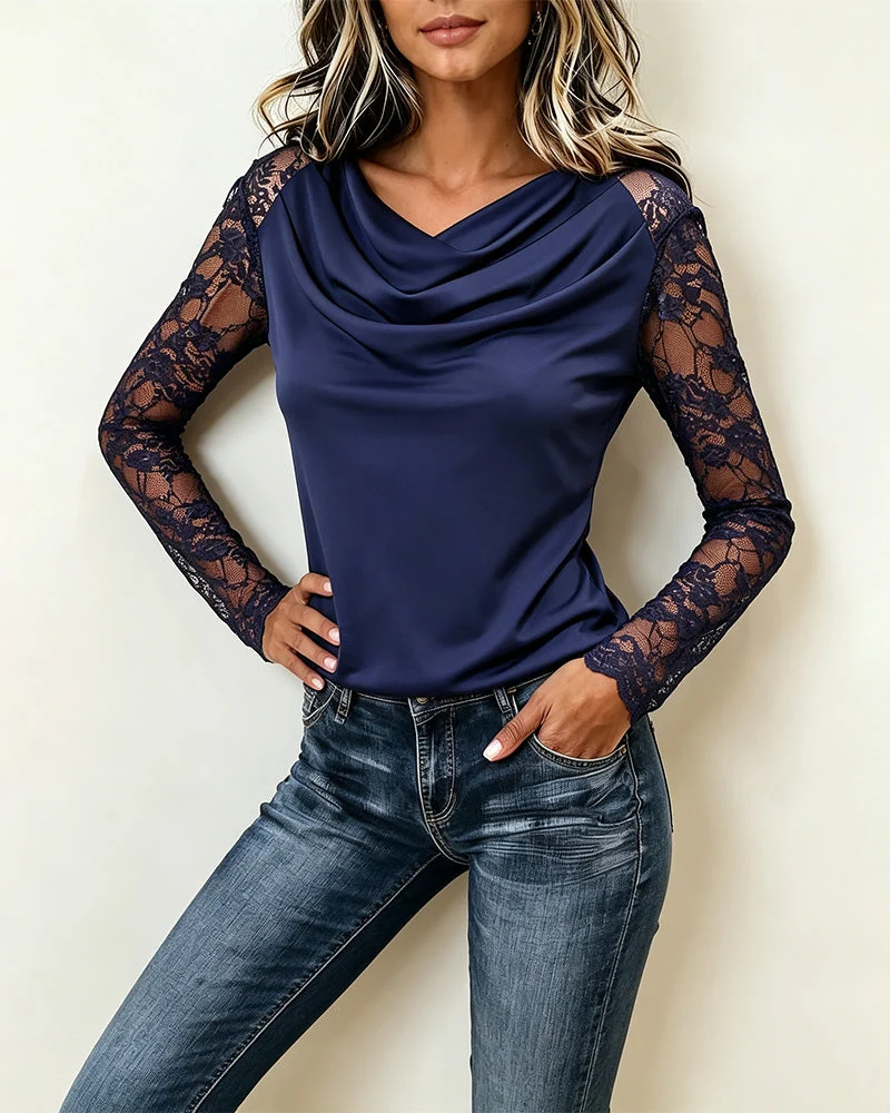 Blouse Col Drapé Dentelle Panneau Manches Longues