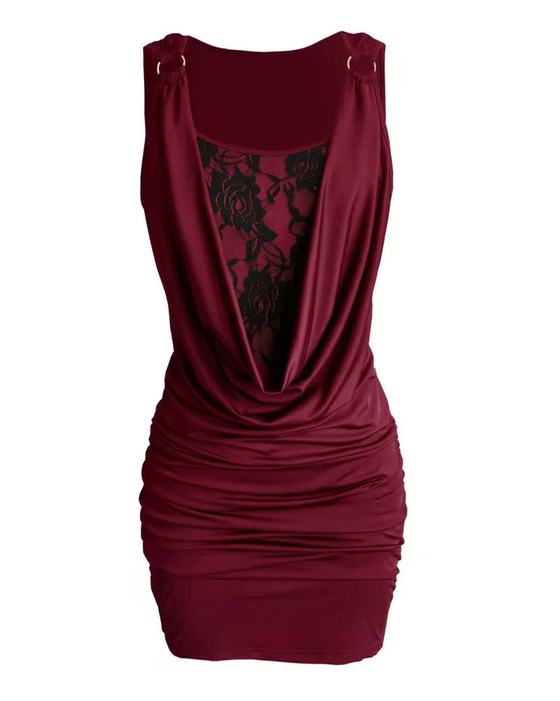 Robe Col Drapé Dentelle Bretelles Bodycon
