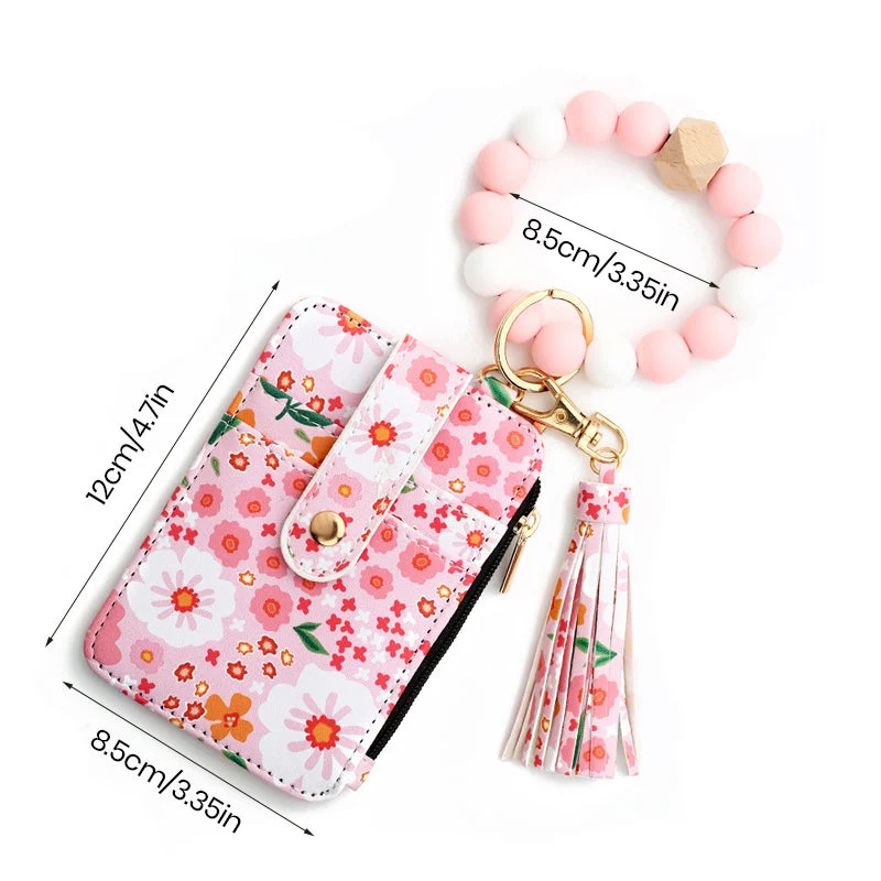 Petit Porte-Monnaie En Cuir Floral Avec Porte-Clés Et Bracelet