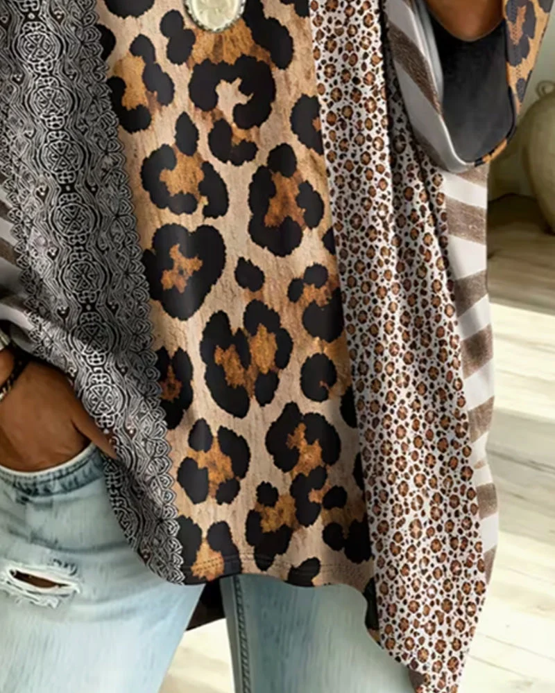 Haut Léopard Imprimé Patchwork Col V Décontracté
