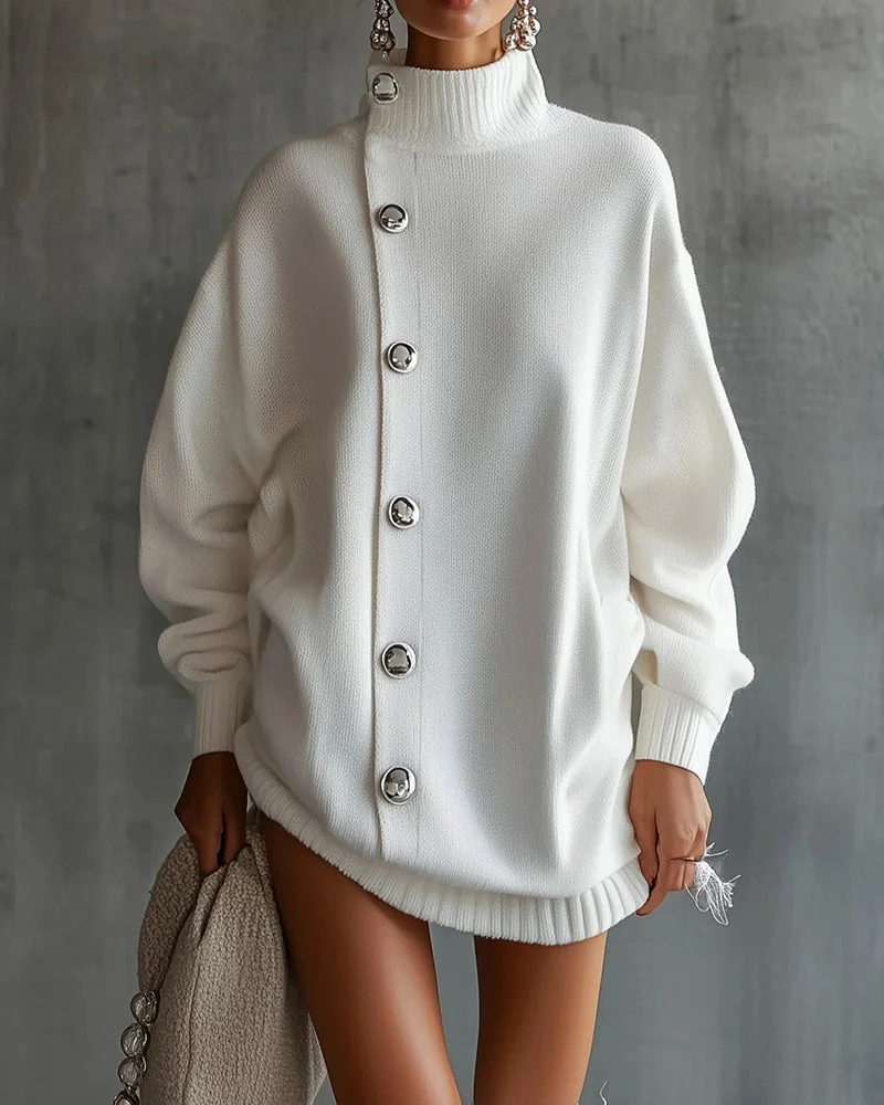 Robe Pull Bouton Unie Manche Longue