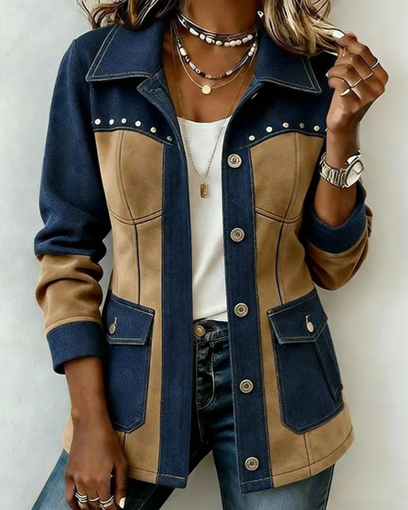 Manteau Capuche Fermeture Éclair Poche Denim Panneau