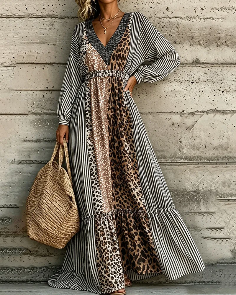 Robe Col V Rayé Imprimé Léopard Patchwork