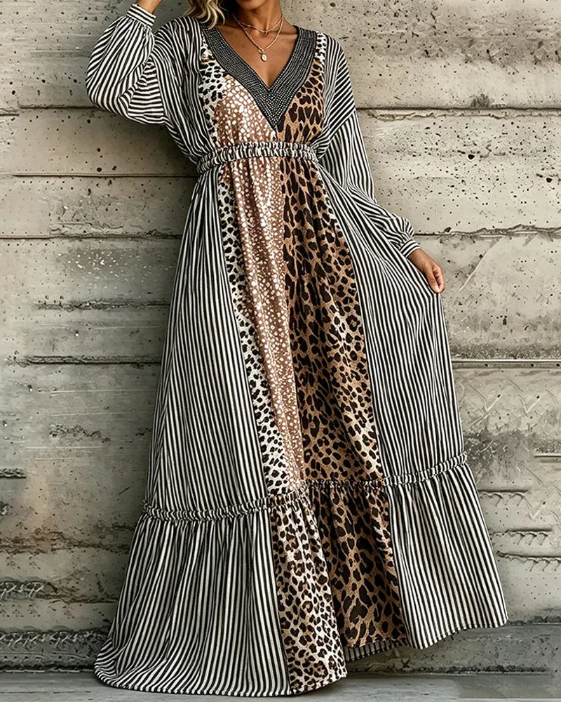 Robe Col V Rayé Imprimé Léopard Patchwork