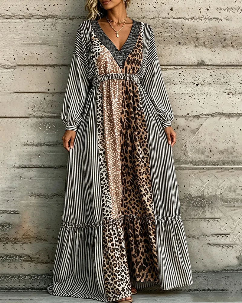 Robe Col V Rayé Imprimé Léopard Patchwork