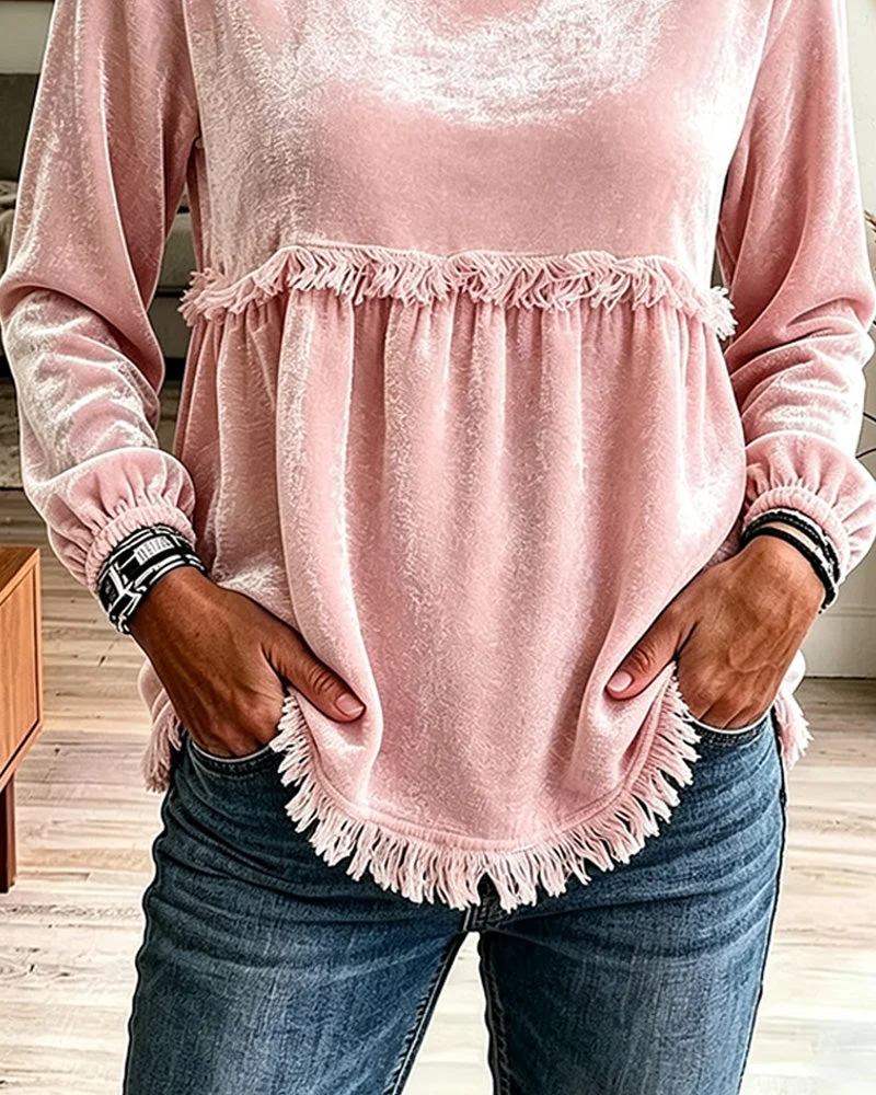 Blouse Frange Froncée Panneau Manches Longues