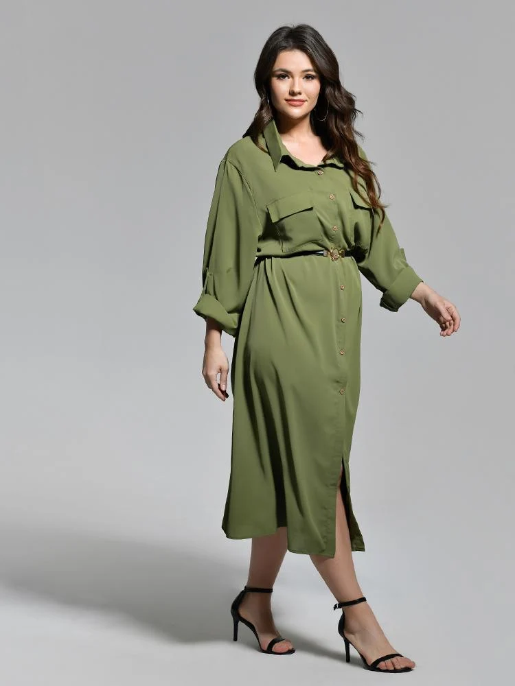 Pocket Lapel Collar Belted Dress