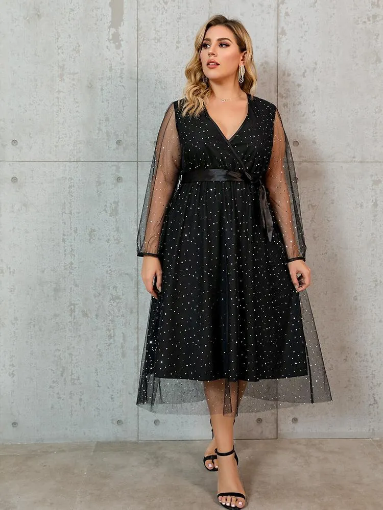 Mesh Sleeve Dot Dress