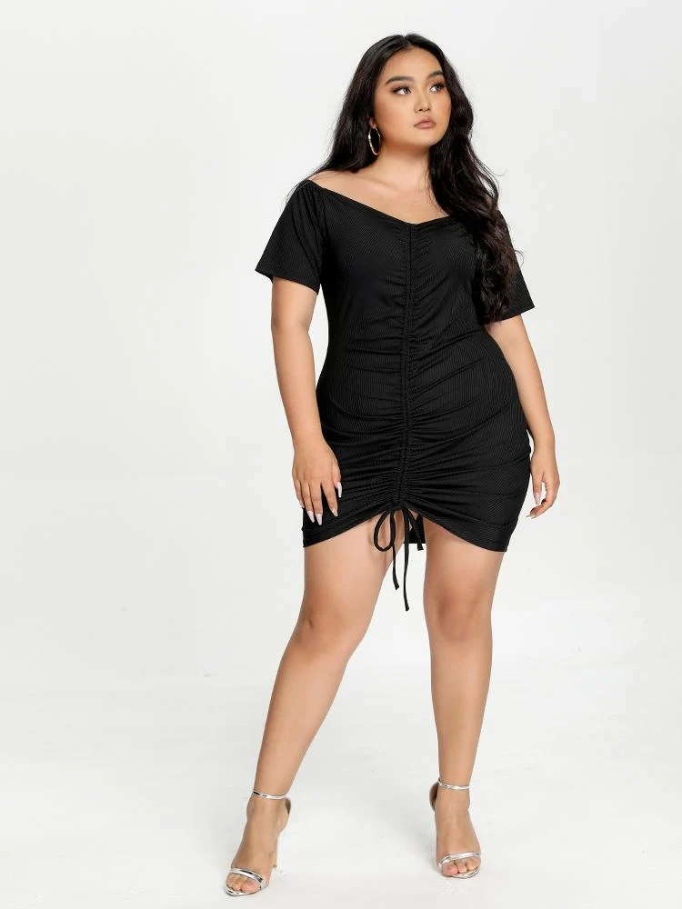 Ruched Knit V Neck Dress