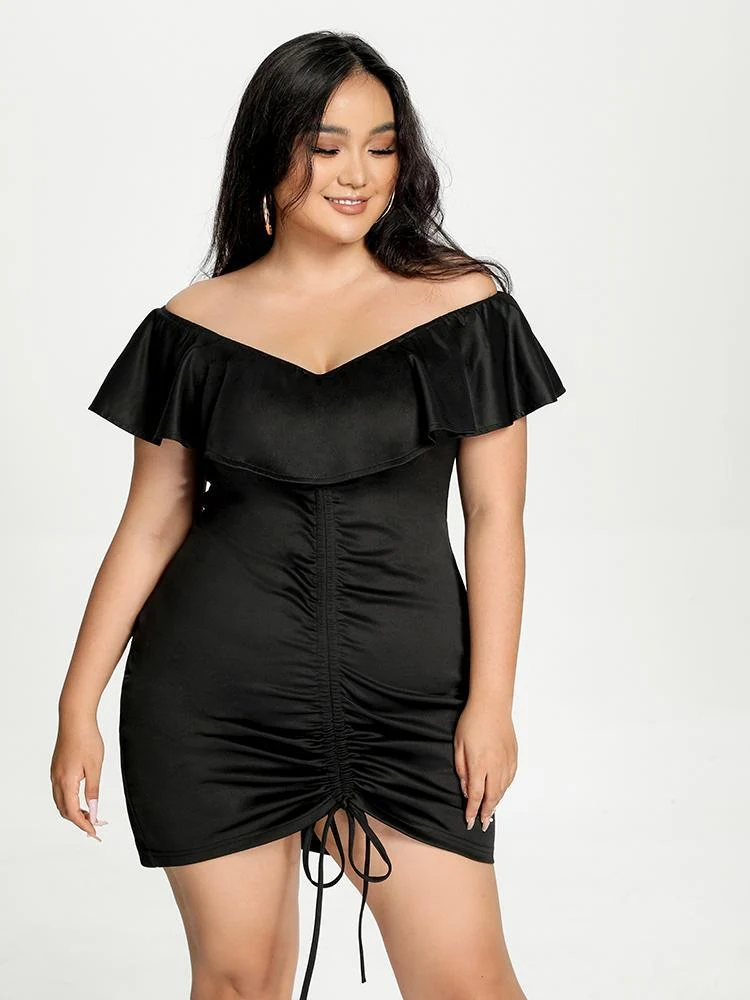 Ruched Ruffle Solid Dress