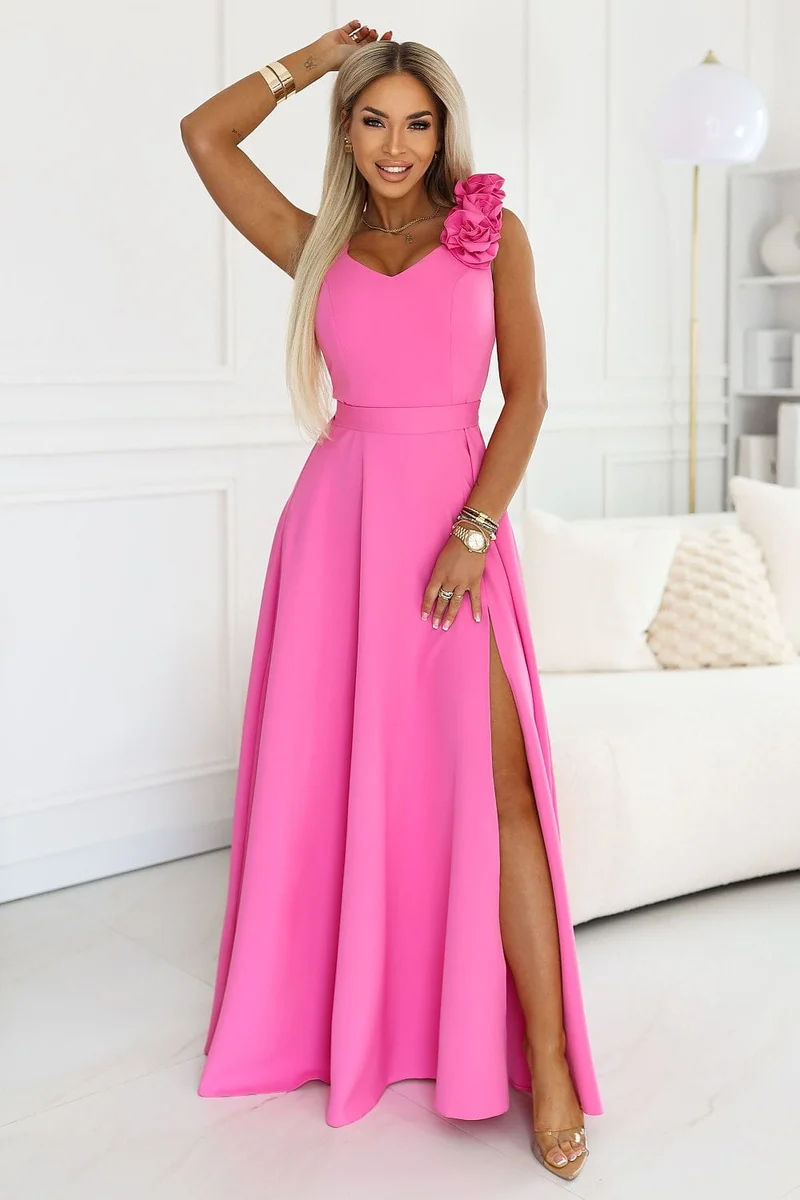 Robe de soirée longue rose fendue chic