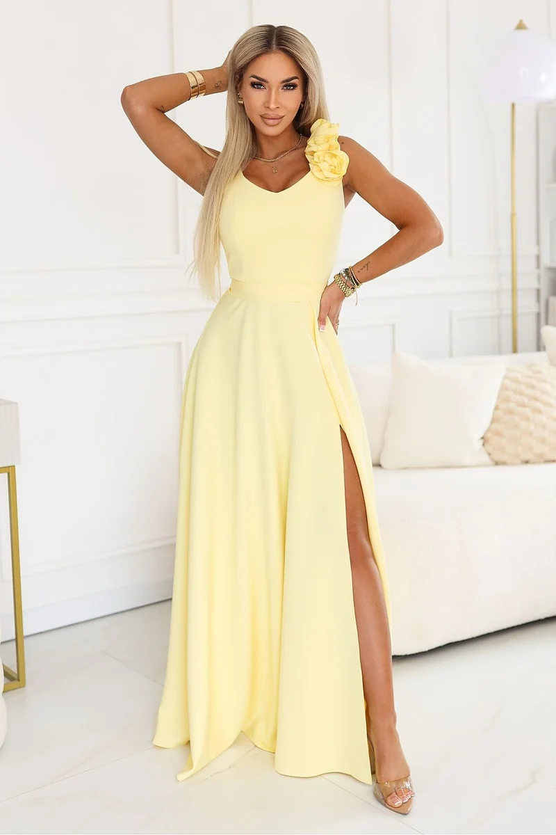 Robe de soirée longue jaune fendue