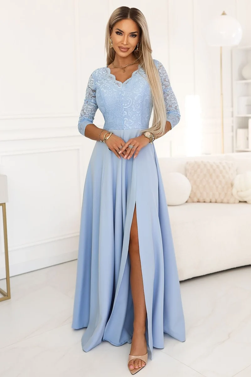 Robe de soirée bleue longue haut dentelle