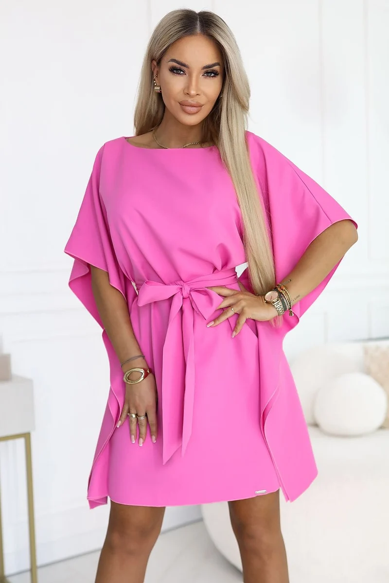 Robe de cocktail rose courte manches larges