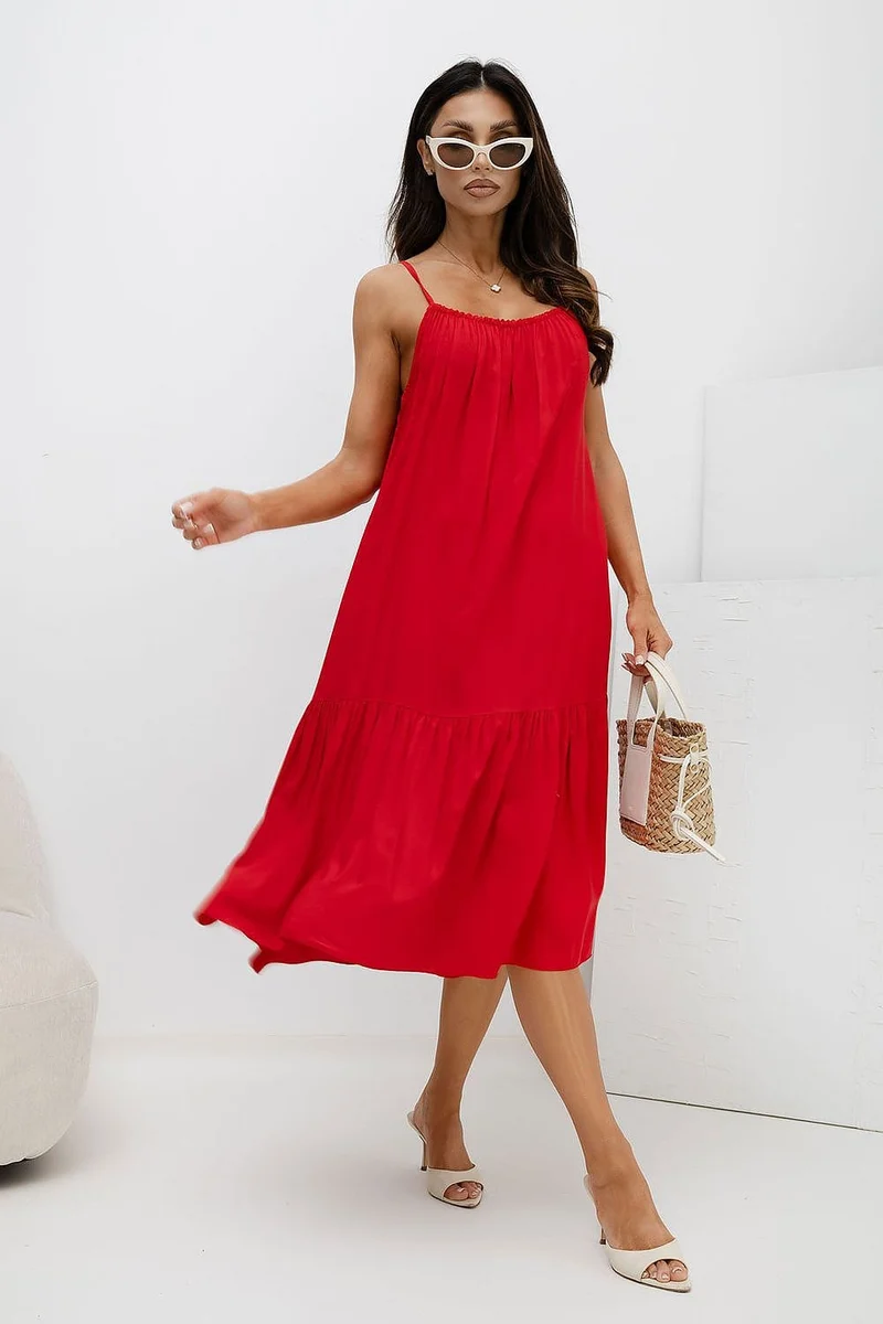 Robe été rouge midi à bretelles