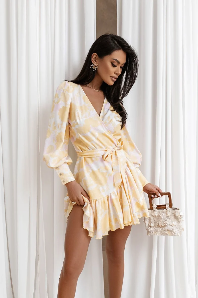 Robe de cocktail jaune portefeuille manches longues