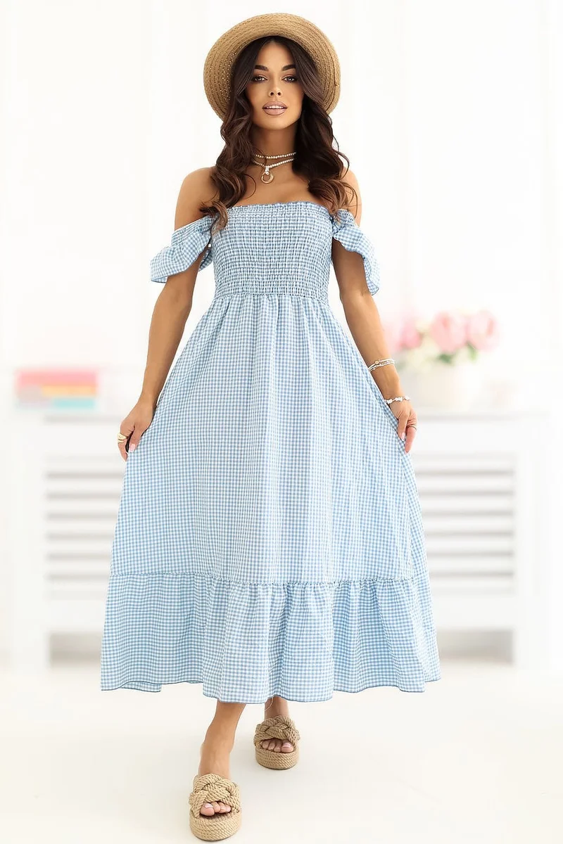 Robe été bohème bleue épaules dénudées
