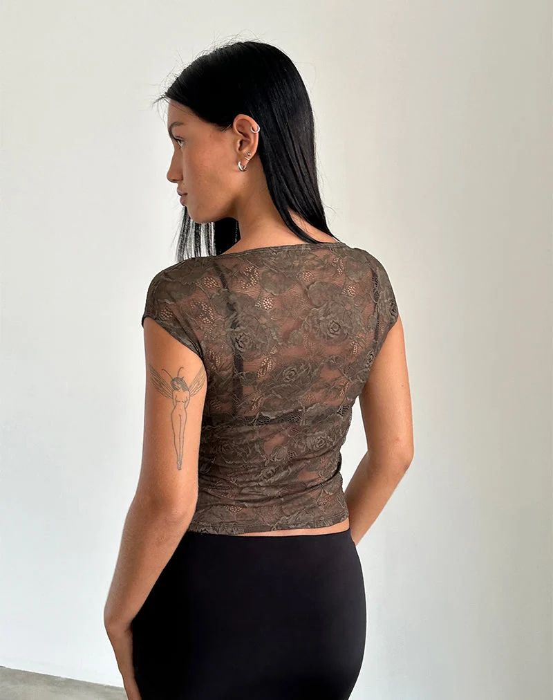 Top en dentelle non doublé Nova, marron foncé