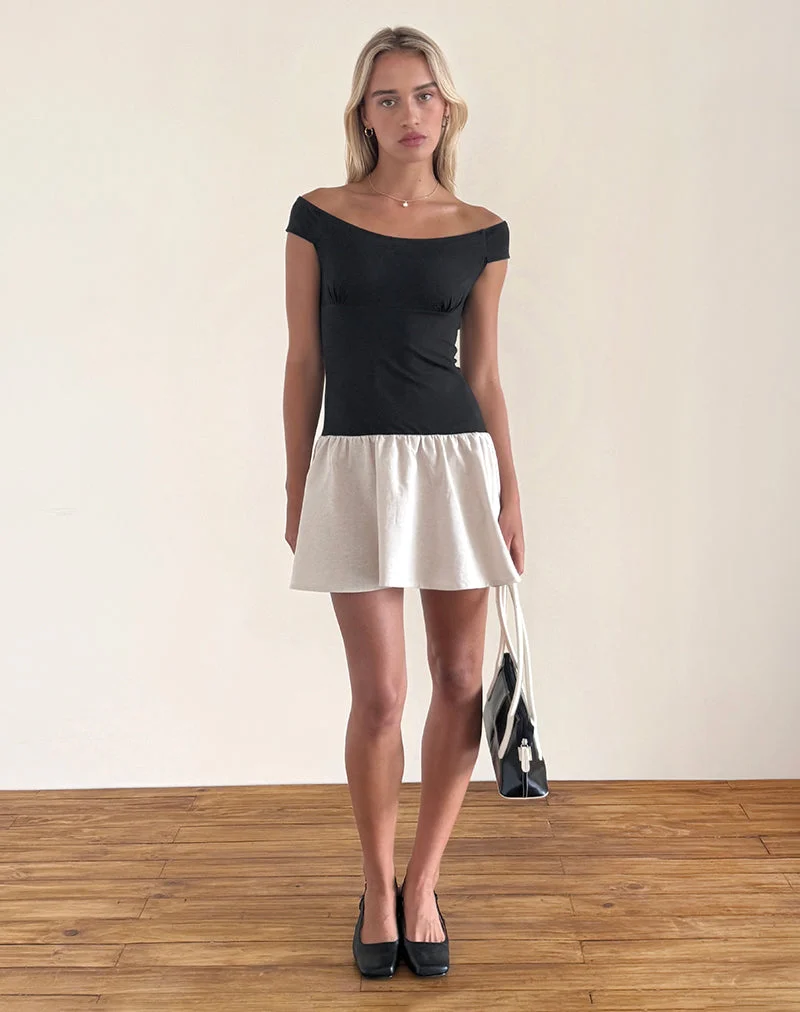 Mini robe Yael, lin lycra noir et écru
