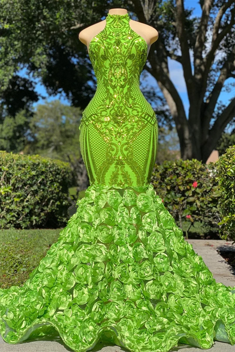 Robe de bal sirène verte sans manches avec appliques florales