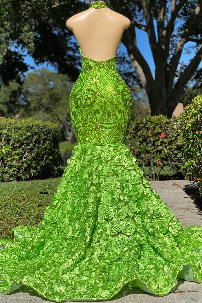 Robe de bal sirène verte sans manches avec appliques florales