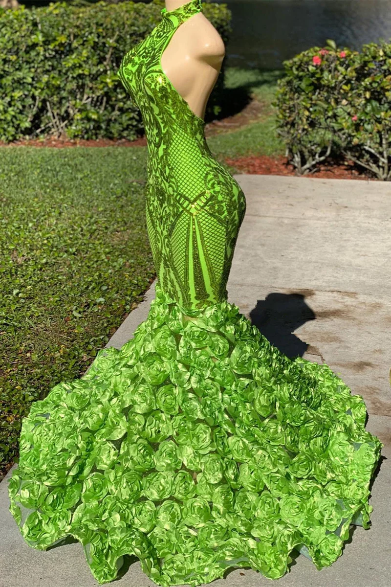 Robe de bal sirène verte sans manches avec appliques florales