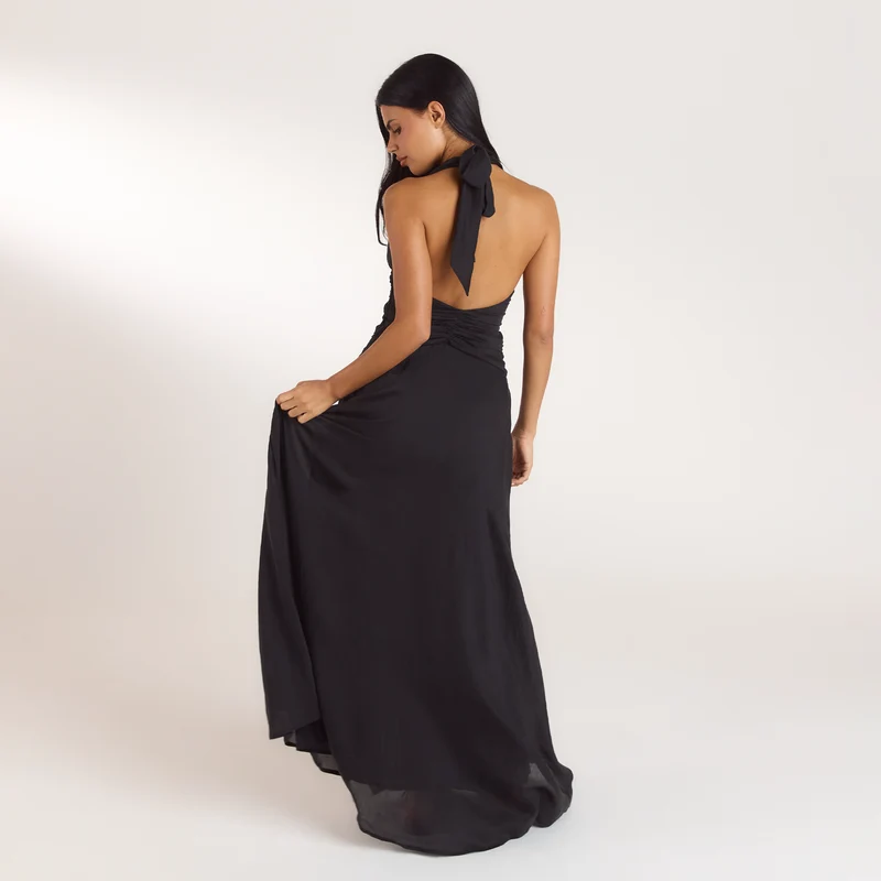 Robe Longue avec Fronces en Tencel - Noir