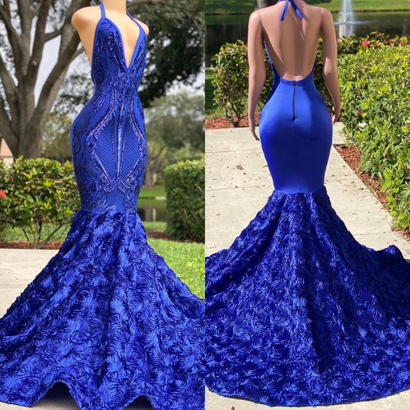Robe de soirée sirène bleu roi à col en V et dos nu sans manches