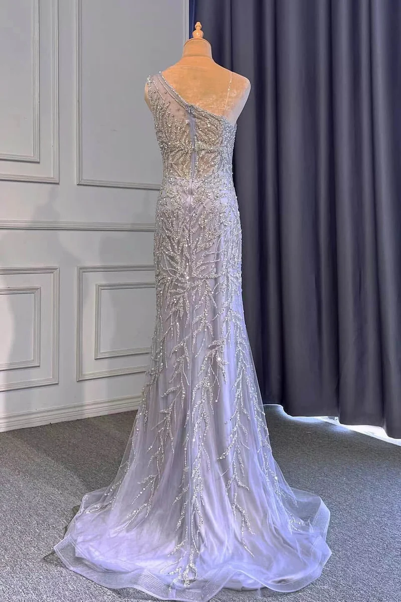 Robe de bal sirène violet clair à une épaule avec détails perlés et volants