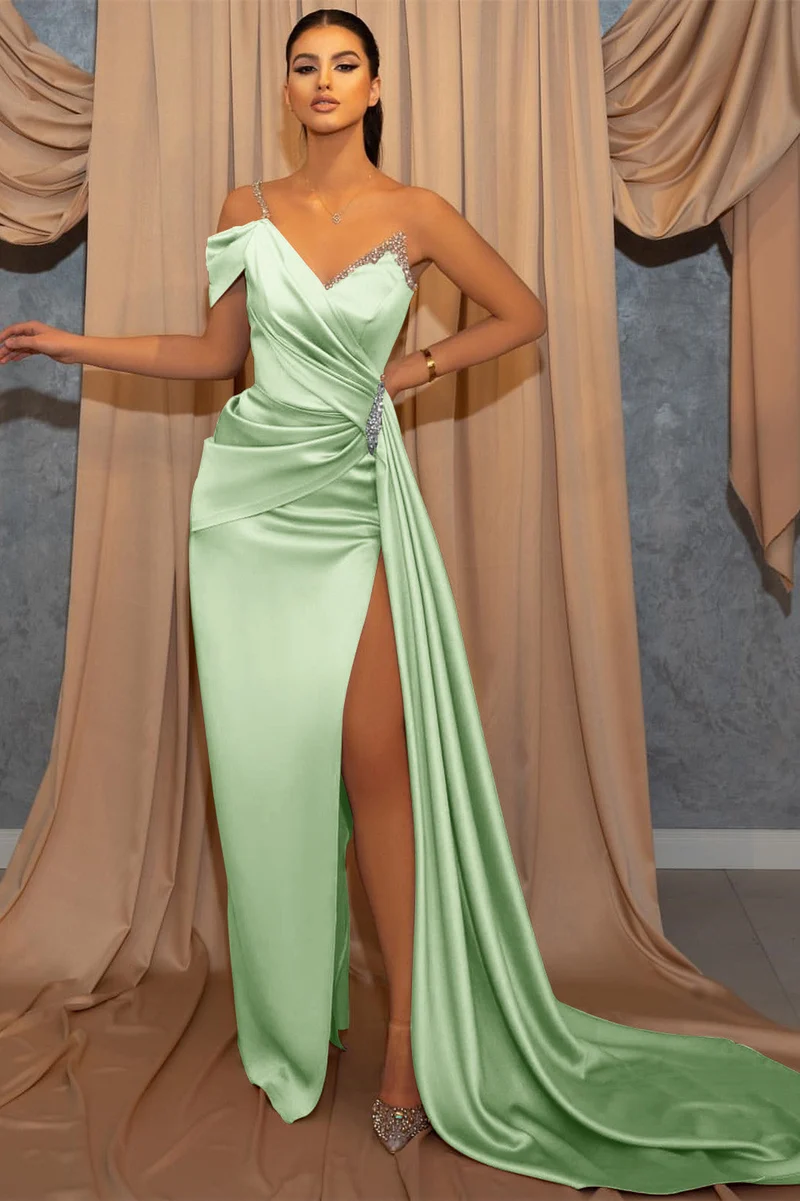 Robe de bal sirène élégante à une épaule, perlée, avec volants et fente