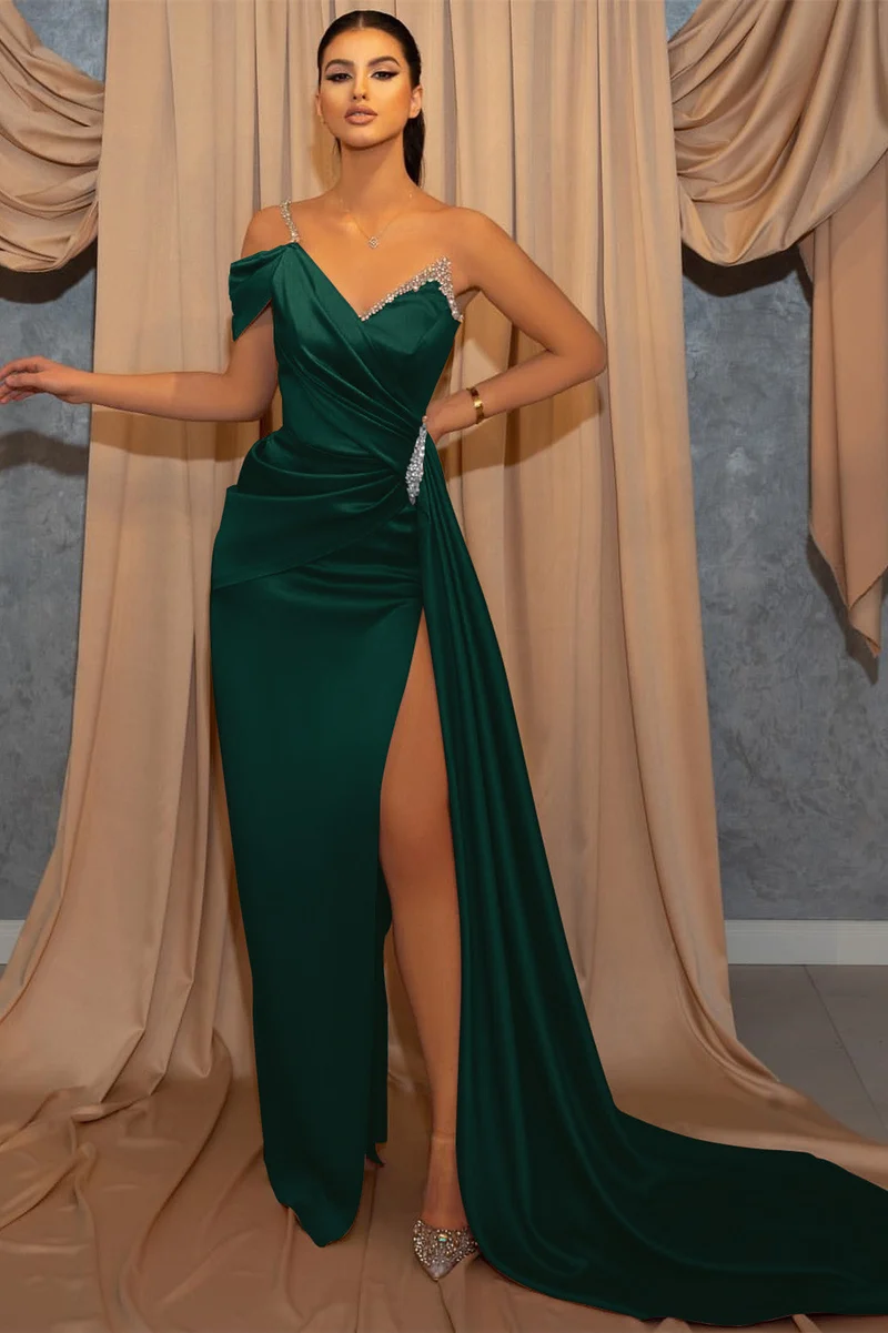 Robe de bal sirène élégante à une épaule, perlée, avec volants et fente