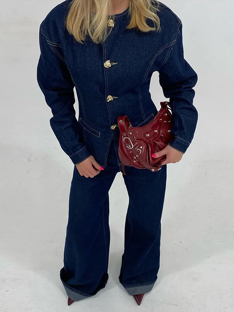 Caroline | Veste bleue élégante et pantalon taille haute pour femmes
