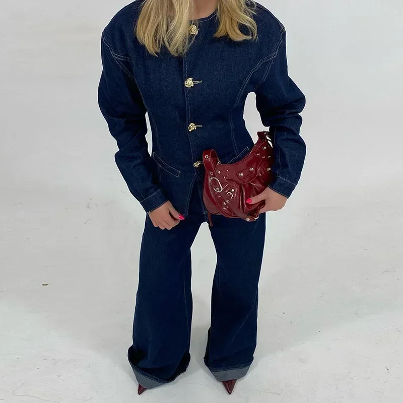 Caroline | Veste bleue élégante et pantalon taille haute pour femmes