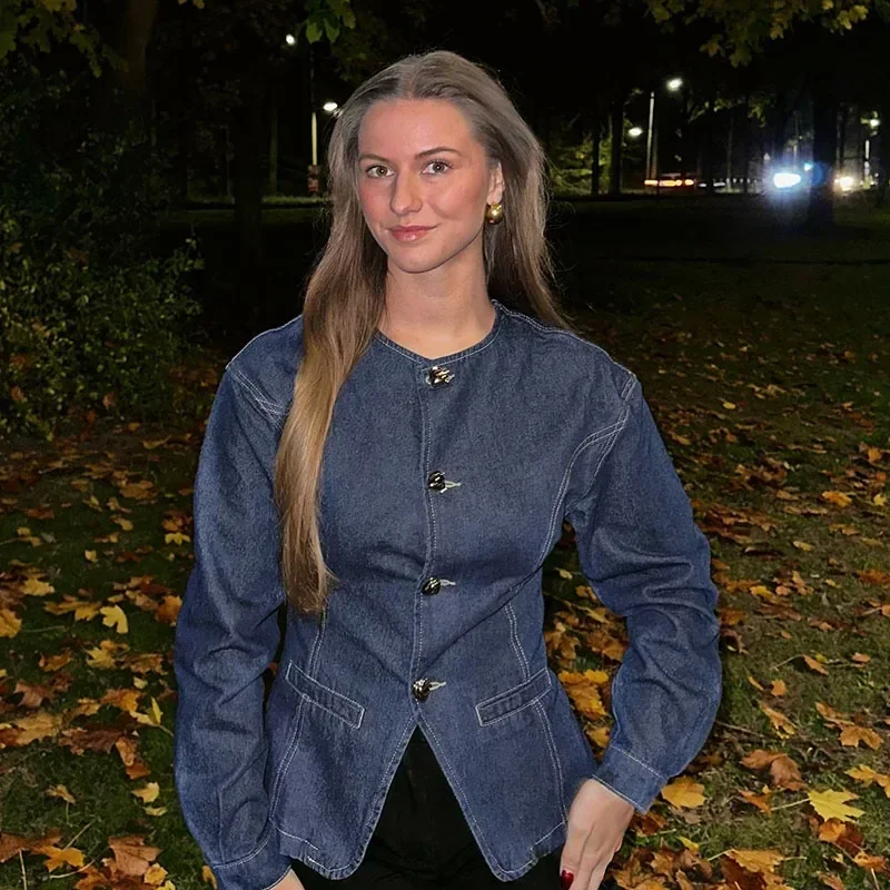 Caroline | Veste bleue élégante et pantalon taille haute pour femmes