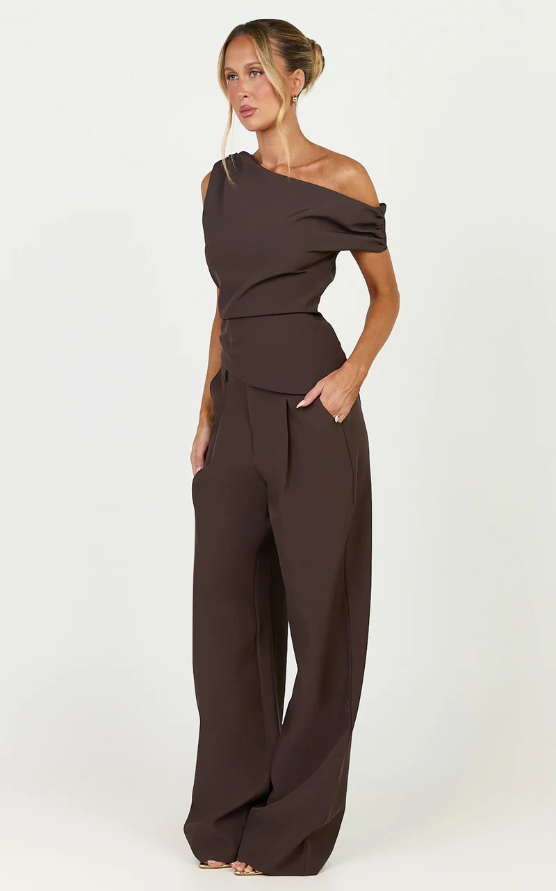 Valentina Two Piece Top and Pants Set - Off Shoulder Asymmetric Hem Top And Wide Leg Pants Set in Dark Chocolate