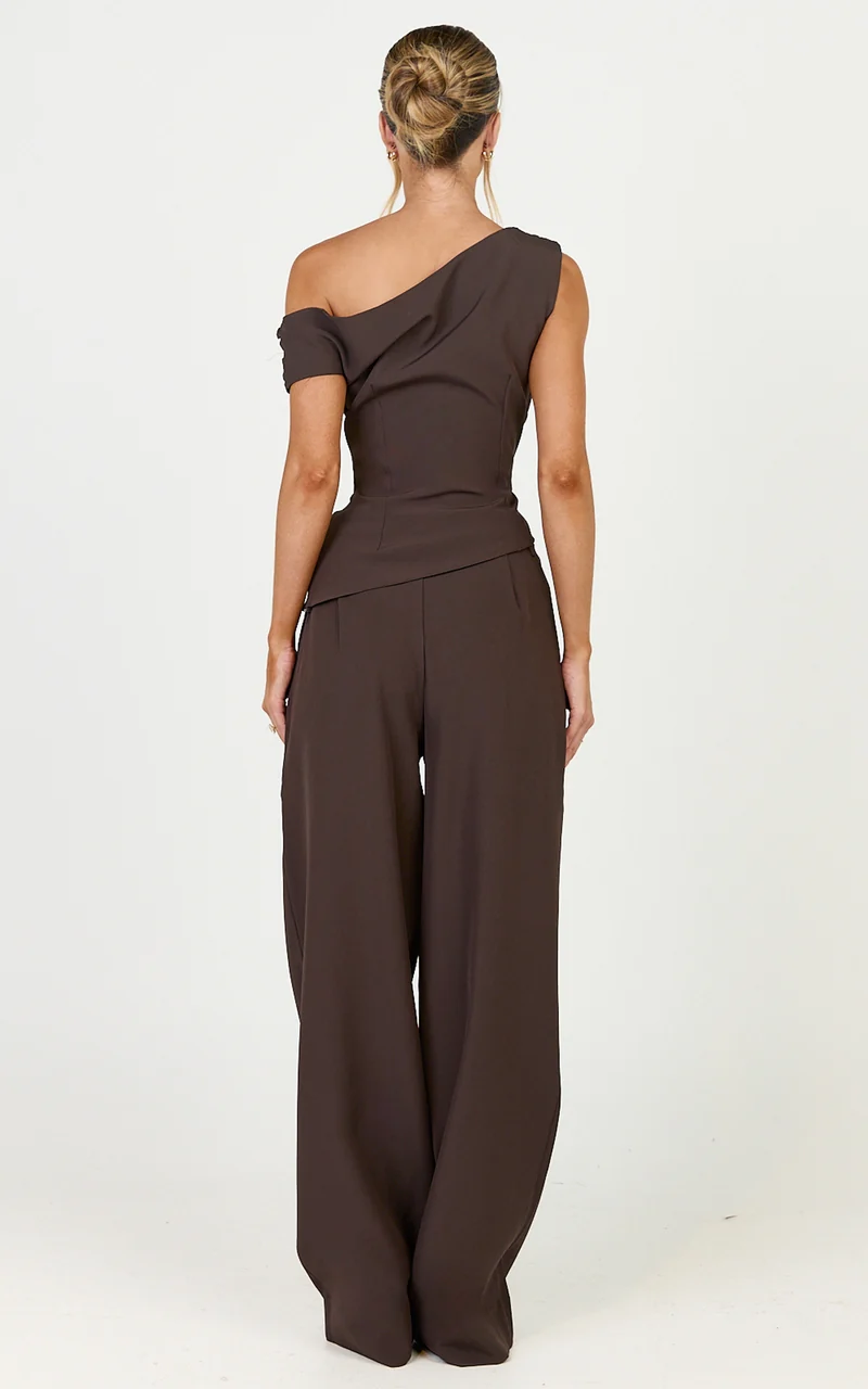 Valentina Two Piece Top and Pants Set - Off Shoulder Asymmetric Hem Top And Wide Leg Pants Set in Dark Chocolate