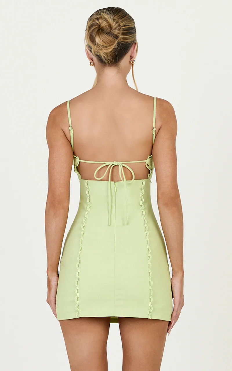 Gigi Mini Linen Blend Dress - Sweetheart Tie Back Scallop Detail Dress in Pastel Green