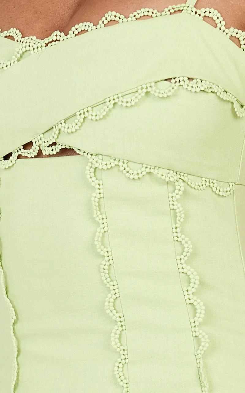 Gigi Mini Linen Blend Dress - Sweetheart Tie Back Scallop Detail Dress in Pastel Green