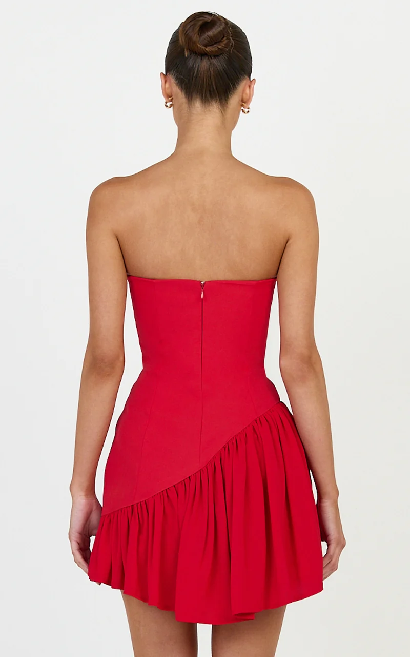 Calla Mini Dress - Strapless Gathered Asymmetric Dropped Waist Dress in Red