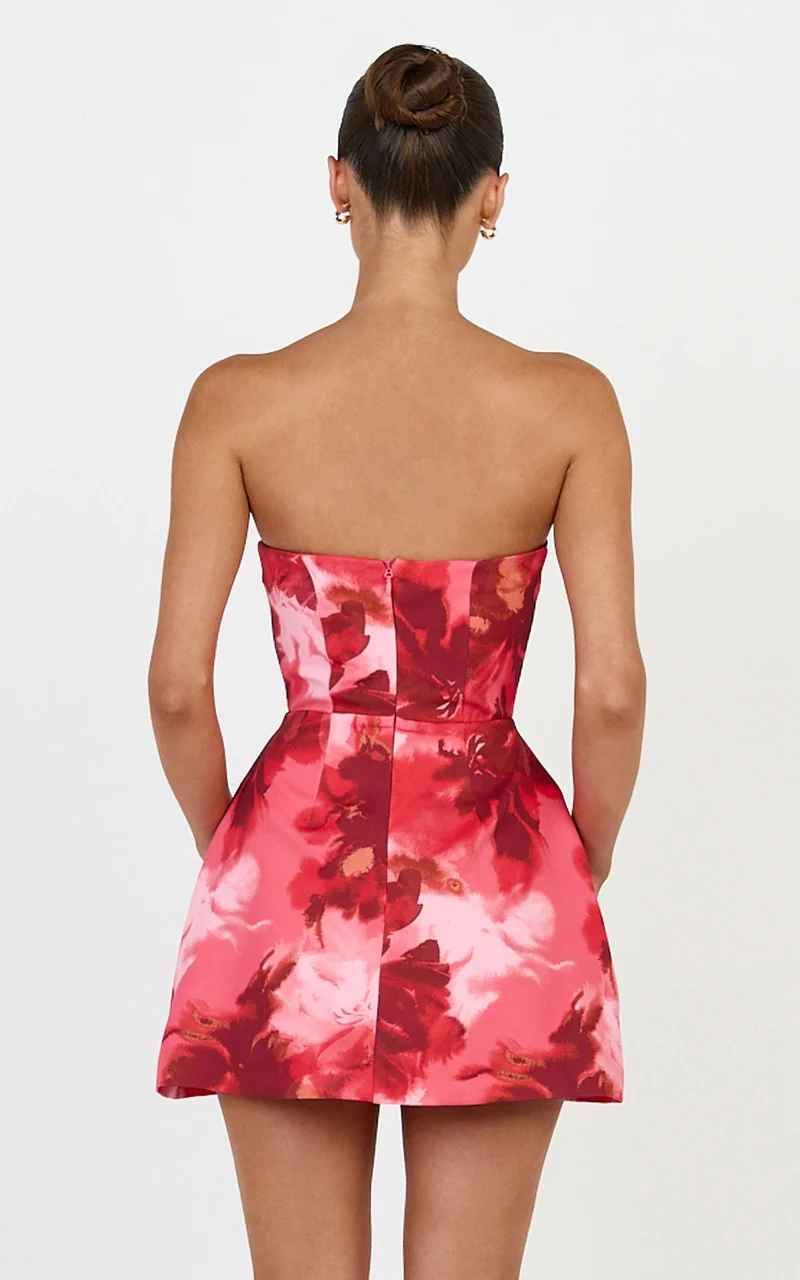 Lorena Playsuit - Strapless Fit And Flare Playsuit in Maila Red Floral Print