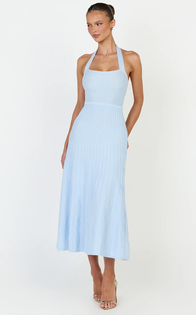Candace Midi Dress - Halter Neck Ribbed Knit Dress in Baby Blue