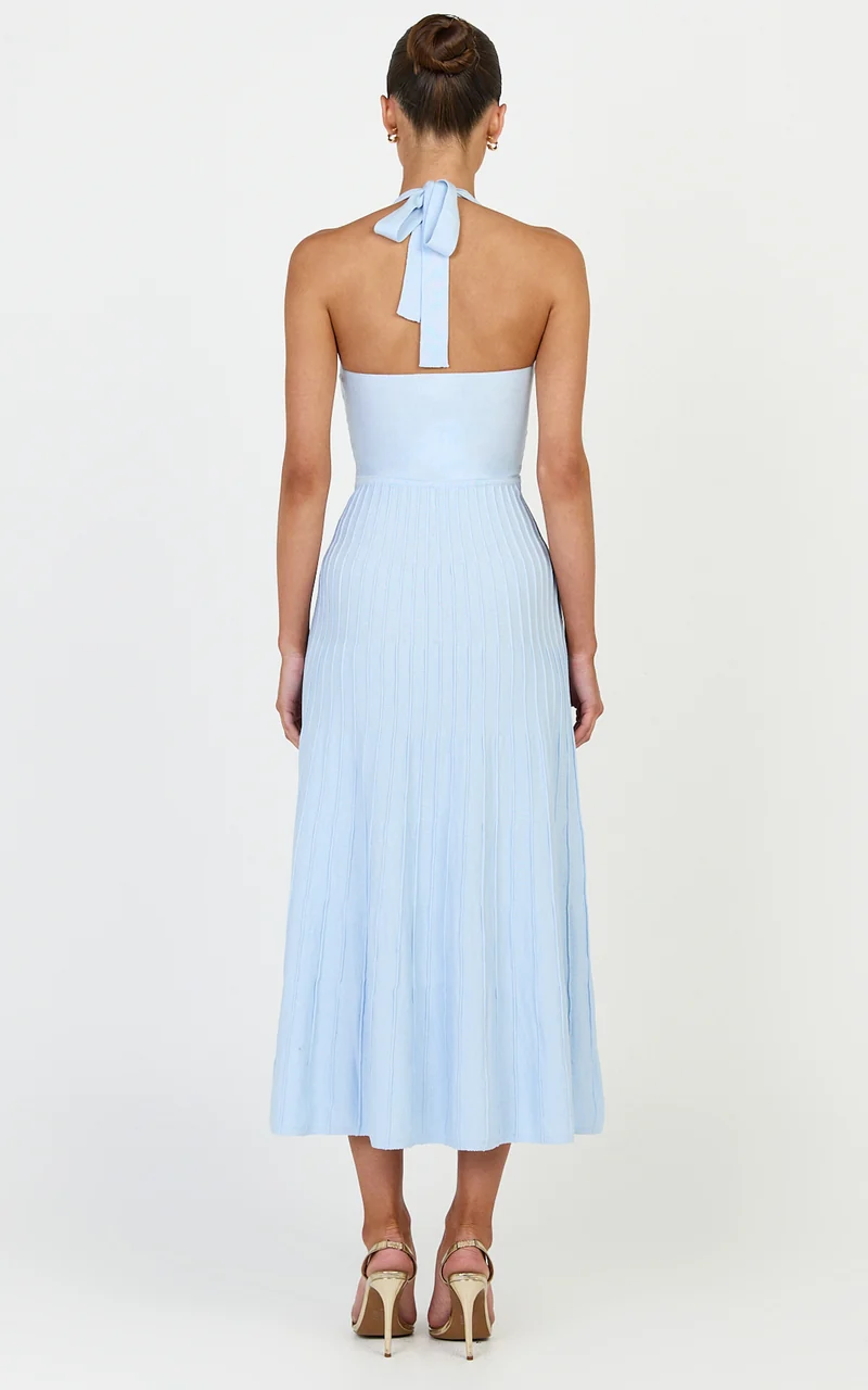 Candace Midi Dress - Halter Neck Ribbed Knit Dress in Baby Blue