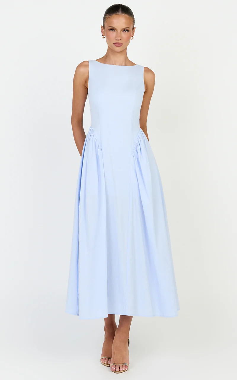 Casina Midi Dress - Boat Neck Tie Back Fit And Flare Dress in Blue