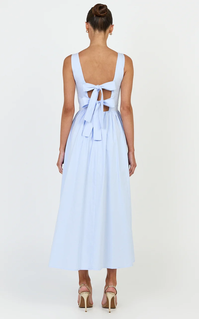 Casina Midi Dress - Boat Neck Tie Back Fit And Flare Dress in Blue