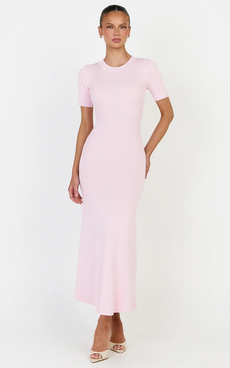 Lanie Midi Dress - Knitted Crew Neck Short Sleeve Dress in Pink