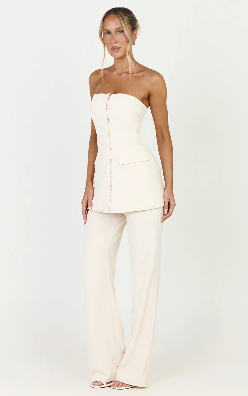 Seina Two Piece Top and Pants Set - Strapless Long Line Top And Low Waisted Tapered Pants Set in Off White