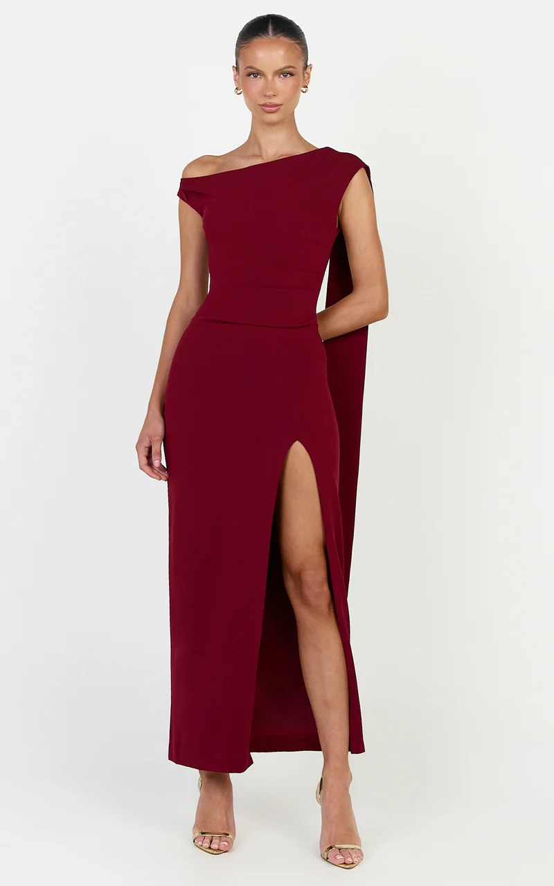 Cosette Midi Dress - Asymmetric Neckline Draped Shoulder Sash Dress in Wine