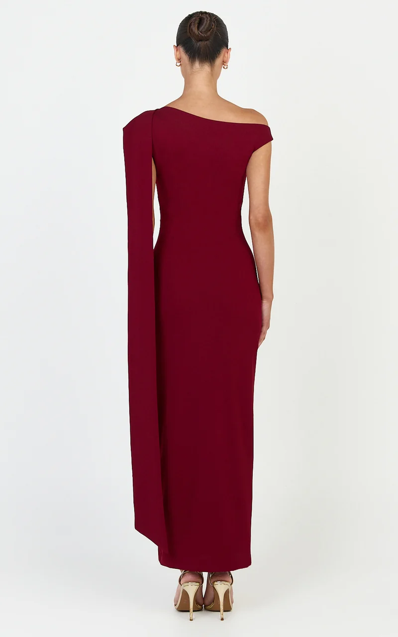 Cosette Midi Dress - Asymmetric Neckline Draped Shoulder Sash Dress in Wine
